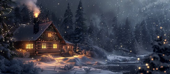 Sticker - A cozy cabin in the woods with smoke curling from the chimney, illuminated