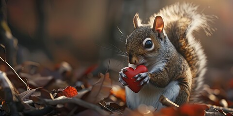 Wall Mural - A curious squirrel holding a red heart in its tiny paws on Valentine's Day