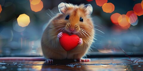 Wall Mural - A tiny hamster holding a red heart in its tiny paws on Valentine's Day.