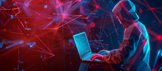 Hacker in a Dark Room with Laptop and Abstract Digital Network Background in Red and Blue Lights