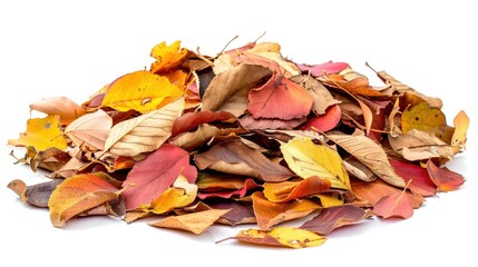 Wall Mural - A pile of vibrant autumn leaves on a clean white surface