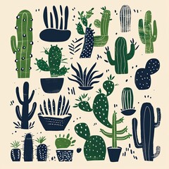 Wall Mural - Cactus illustration, flat design, simple shapes and lines, green tones with navy