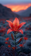 Poster - Close up of red flowers on the cliff at sunset