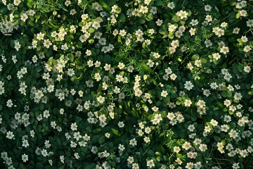 An overhead view of a lush summer meadow filled with white flowers, the green grass and white blooms