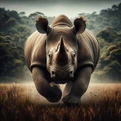 Wall Mural - a rhinoceros running in the field, sharp focus on the eyes and mouth