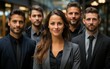 © imagineRbc - A group of diverse businesspeople, both men and women, stand together in a modern office setting, posing for a photo. They are all professionally dressed in suits and ties