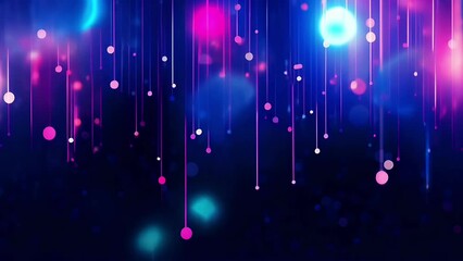 Abstract motion background with vertical purple neon pink and blue light dots and glowing bokeh