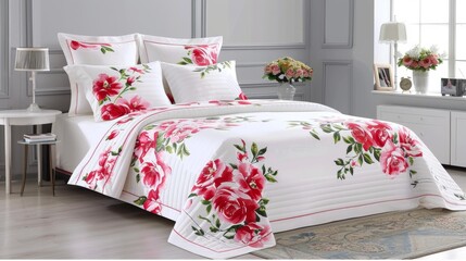 Wall Mural - Elegant Floral Bedding in Stylish Modern Bedroom