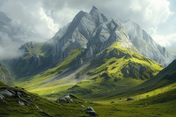 Wall Mural - A scenic view of a mountain with a valley in the foreground, suitable for travel or outdoor adventure themes