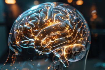 A detailed view of a human brain model with visible cerebral cortex and neural pathways