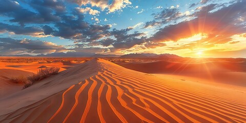 Wall Mural - Dreamy Sunset Over Desert Dunes with Dramatic Sky and Mountains