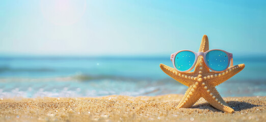 Estrella de mar con gafas de sol posada sobre sobre la arena dorada de una playa virgen, sobre fondo desenfocado del mar y cielo azul de un hermoso día de verano