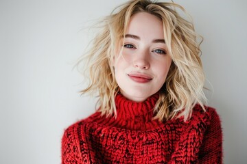 Wall Mural - A woman with blonde hair and a bright red sweater, suitable for editorial or commercial use