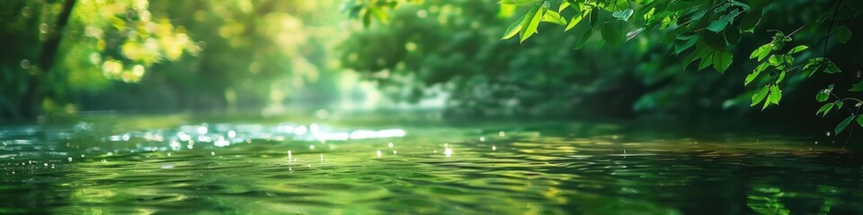 background river. blurred nature in green tropics beside water and plants