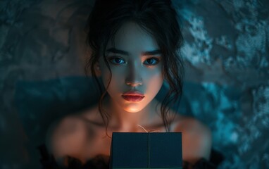 Wall Mural - A young woman with dark hair and blue eyes holds a gift box while looking directly at the camera. The image is lit with blue and orange lighting