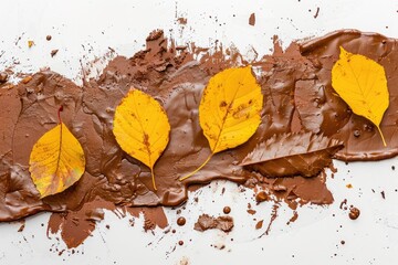 Canvas Print - A piece of chocolate with three yellow leaves on it, great for decoration or as a gift