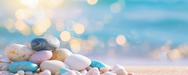 closeup of beautiful shiny pebbles on sea beach with glistering bokeh blue water background