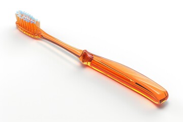 Sticker - A close-up shot of an orange toothbrush with blue bristles on a white background, perfect for dental hygiene and oral care illustrations