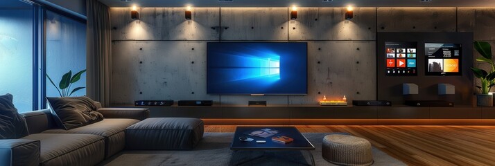 Fototapete - A stylish living room features modern smart TVs and a home theater system, with bright, clear images displayed on the screens. Generative AI