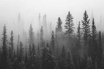 Wall Mural - A picturesque yet haunting foggy pine forest in monochrome, the tall trees standing like silent