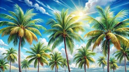 Vibrant colorful illustration of tropical palm trees with swaying leaves and slender trunks against bright blue sunny day background.