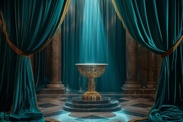 A golden pedestal with teal velvet curtains on both sides