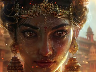 Wall Mural - Charming ancient queen in solemn atmosphere, beautiful face, big eyes, on the background of ancient temple of gods worship, blurred background