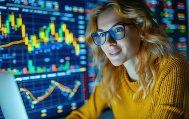 Wall Mural - A young woman wearing glasses and a yellow sweater analyzes stock market data on a computer screen