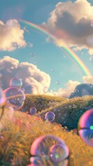 Wall Mural - Aesthetic wallpaper rainbow bubble grass.