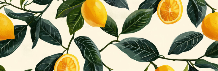A lemon illustration pattern, with leaves and lemons on a white background.