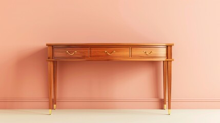 Wall Mural - A classic oak wood console table with brass handles, set against a light peach luxury house wall.