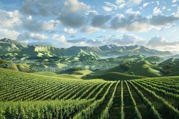 Wall Mural - A scenic view of a vineyard field with rolling hills and mountains in the distance