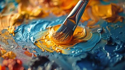 Poster - This paintbrush swirls vibrant colors on a palette. Creative expression in motion.