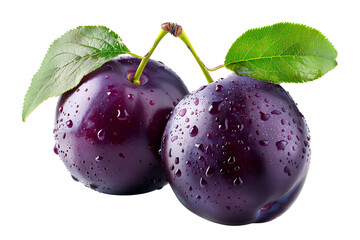 Wall Mural - Closeup of fresh, juicy plums with water droplets and green leaves isolated on white transparent background