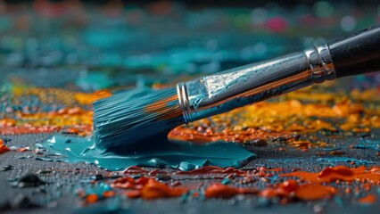 Poster - This Brush stirring paint on a palette, creating a mix of vivid hues. Artistic process