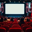 © PsixoloqOrxan - Cinema hall with white blank screen. Rows of seats, red cinema chairs. Theater empty scene. Movie theatre. Generative AI