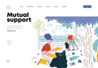 Wall Mural - Mutual Support: Cleaning up trash, Garbage collection -modern flat vector concept illustration of people collecting trash on the beach A metaphor of voluntary, collaborative exchanges of resource