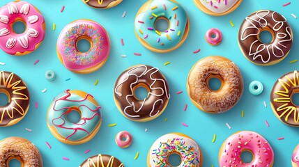 Wall Mural - A variety of donuts with different toppings on a blue background.