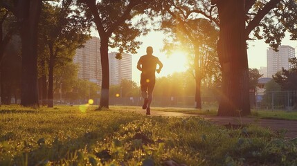 Poster - A person runs through a park on a sunny day.