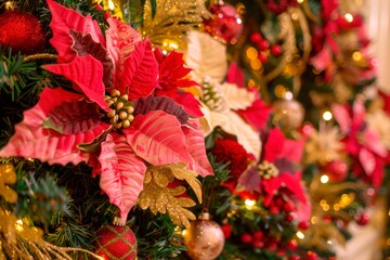 Poinsettia flower decoration. Shallow focus. Copy space. Golden and red tree balls