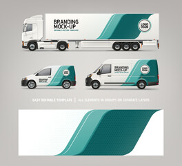 Wall Mural - Realistic vector Van, Truck, Delivery Car mockup with graphics design for branding and corporate identity. Abstract graphics of blue stripes for business flyer background and vehicle advertising