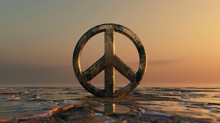 Canvas Print - a peace sign made of weathered metal, standing on a rocky surface.