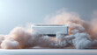 © gearstd - Air conditioning unit on a wall surrounded by puffs of dust, highlighting potential duct cleaning needs and illustrating the concept of poor air quality management.