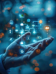 Poster - An engineer hand holds several icons representing smart home technology, such as lights and temperature control. icon that represent different aspects or features in technological products.