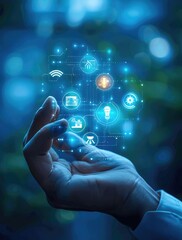 Fototapete - An engineer hand holds several icons representing smart home technology, such as lights and temperature control. icon that represent different aspects or features in technological products.