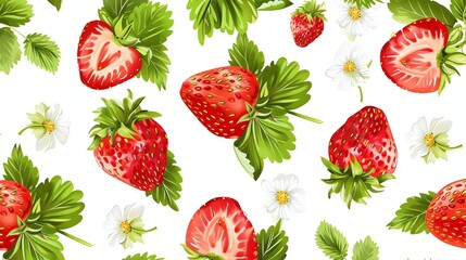 Wall Mural - a repeating pattern of red strawberries with green leaves and white flowers on a white background.