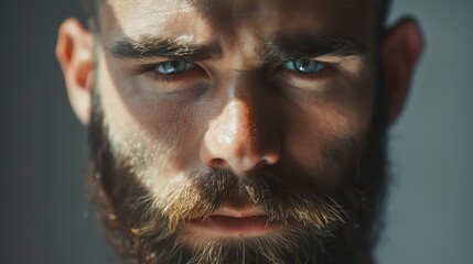 Wall Mural - A close-up of a man's face, with a serious expression and intense blue eyes.