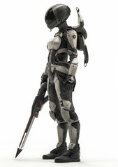 Sticker - The sci-fi samurai girl in a future black armor suit with a helmet stands holding a futuristic Japanese samurai sword. The picture is rendered in 3D.