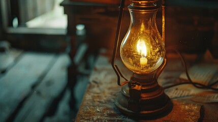 Poster - A lamp sitting on a table with a soft glow