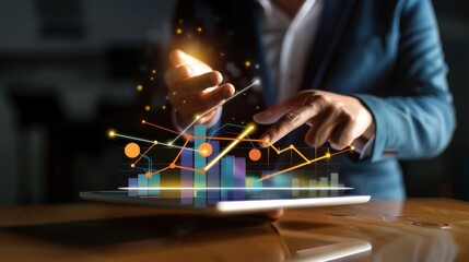 Canvas Print - This video shows a businessman using a tablet to analyze sales data and financial reports. He is analyzing a business growth graph chart and developing a digital marketing strategy.